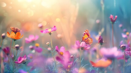 Field of colorful cosmos flower and butterfly in a meadow in nature in the rays of sunlight in summer in the spring close-up of a macro
