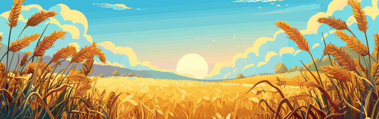Copy space background Ukrainian village and wheat fields vector cartoon illustration