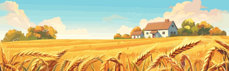 Wandcirkels aluminium Copy space background Ukrainian village and wheat fields vector cartoon illustration © Stitch