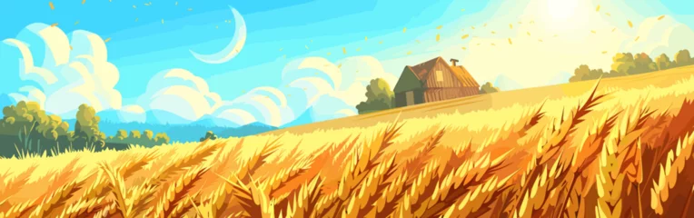 Fotobehang Copy space background Ukrainian village and wheat fields vector cartoon illustration © Stitch