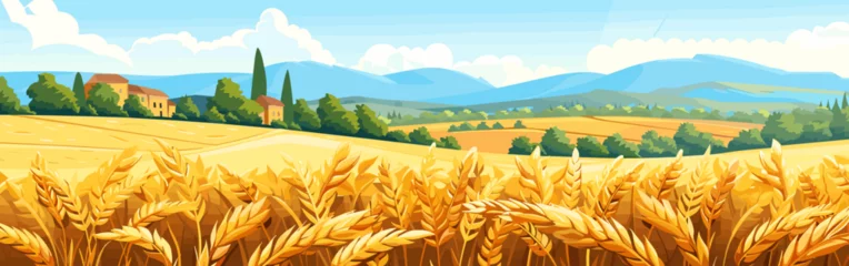 Rolgordijnen Copy space background Ukrainian village and wheat fields vector cartoon illustration © Stitch