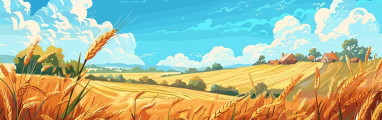 Poster Copy space background Ukrainian village and wheat fields vector cartoon illustration © Stitch