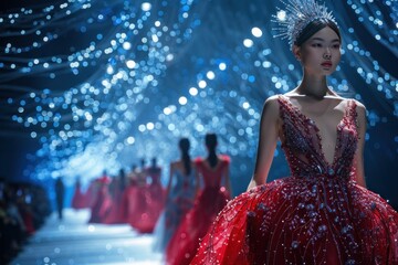 A cinematic shot of a fashion runway, where models strut with confidence, showcasing the latest trends in haute couture and glamour. - obrazy, fototapety, plakaty