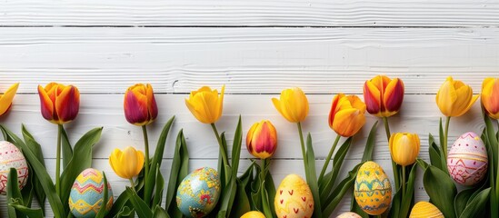 Top-down view of a white wooden background adorned with vibrant Easter eggs and yellow tulips, providing space for text.