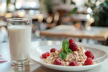 Summer cafe scene, oatmeal and raspberries on white plate and glass of milk, outdoor dining ambiance