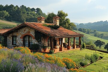 Fototapeta premium A serene countryside retreat nestled among rolling hills, offering a tranquil sanctuary for weary travelers seeking respite from the hustle and bustle of city life.