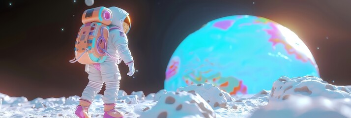 A lone astronaut stands on the moon, the Earth a small blue marble in the distance, their achievement a testament to human ingenuity and perseverance - obrazy, fototapety, plakaty