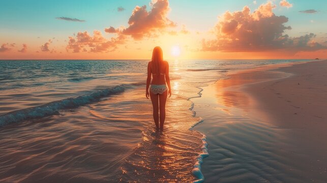 A woman standing in the ocean at sunset with her back to camera, AI