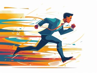 Fototapeta premium Minimalist of a businessman in a suit running a race on a white background, business competition concept with different colors