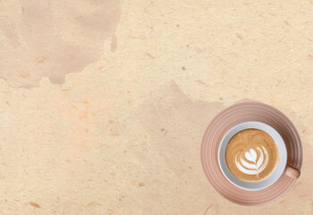 Coffee menu with place for your text. Cappuccino coffe latte art with heart motif. Sepia tones.