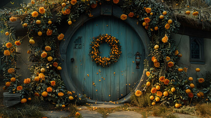   A blue door adorned with an orange wreath outside and another inside