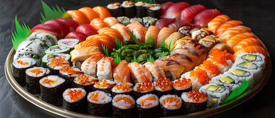 sushi platter containing different types of sushi rolls and sashimi The sushi rolls are arranged in a circle on a plate, with a piece of green leaf in the center, ultra detailled and best quality