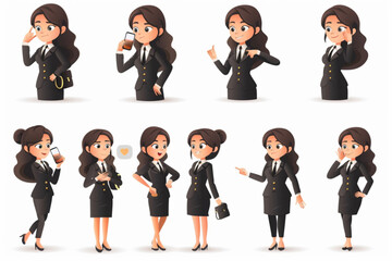 Business woman character set. A cute girl thinks, holds a glass of coffee in her hand, talks on the phone, points to the side 3D avatars set vector icon, white background, black colour icon