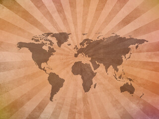 Watercolor background with world map motif and star burst. Brown banner or wallpaper. poster in retro style. 