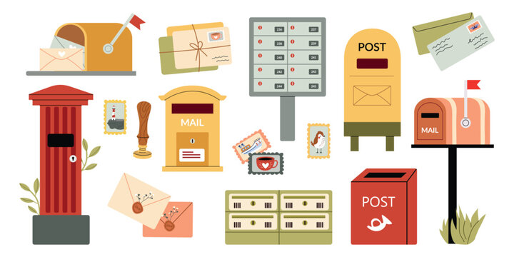 Mailboxes set. Different mailboxes, mail envelope, stamps. Postal mailing letterbox hanged on wall or pillar for delivery mailed letter.Vector illustration in hand drawn style. Message, communication.