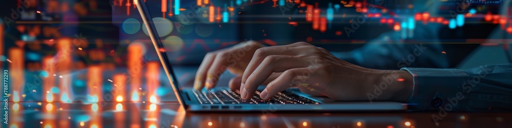 Poster focused trader analyzing dynamic financial charts on a laptop screen, in a dark office.