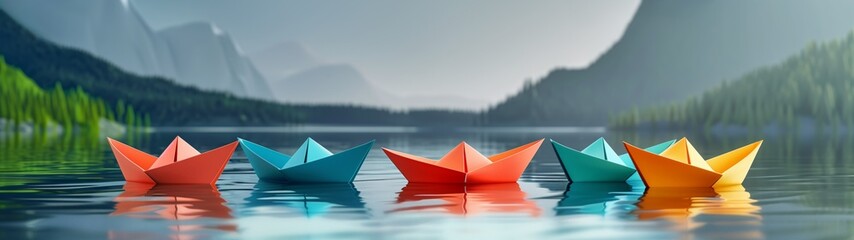 Colorful Paper Boats Floating on a Serene Lake.