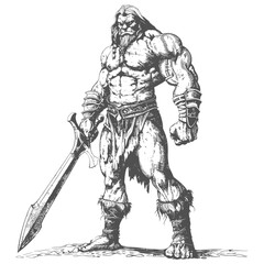 Fototapeta na wymiar ogre warrior with sword full body images using Old engraving style