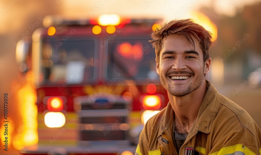 Poster a smiling man in a fireman uniform with the background of a burning car. ai.
