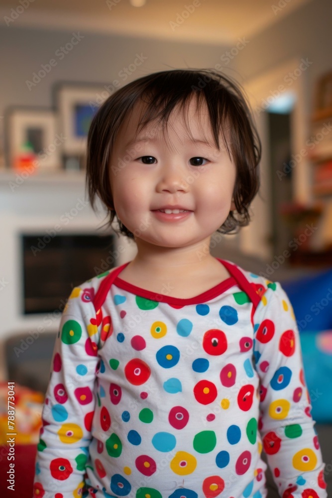 Poster A little girl in a colorful shirt standing next to the couch. AI.