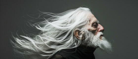 An elderly man with white hair and a long beard blowing in the wind. AI.