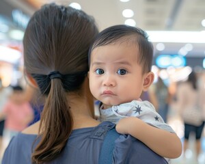 A woman holding a baby in her arms while walking through an indoor mall. AI.