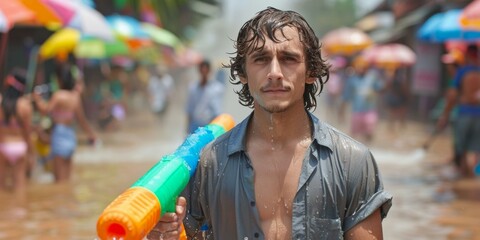 A man holding a water gun in the middle of people. AI.