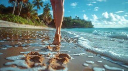 A woman's feet are walking on the beach with sand. AI.
