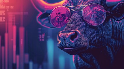 Bull in sunglasses with bitcoins on its as run investment Bitcoin Cryptocurrency earning money graph illustration concept, copy space , violet neon colors