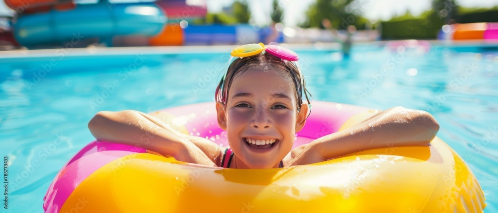 Aufkleber a young girl smiling while floating on an inner tube in a pool. generative ai.