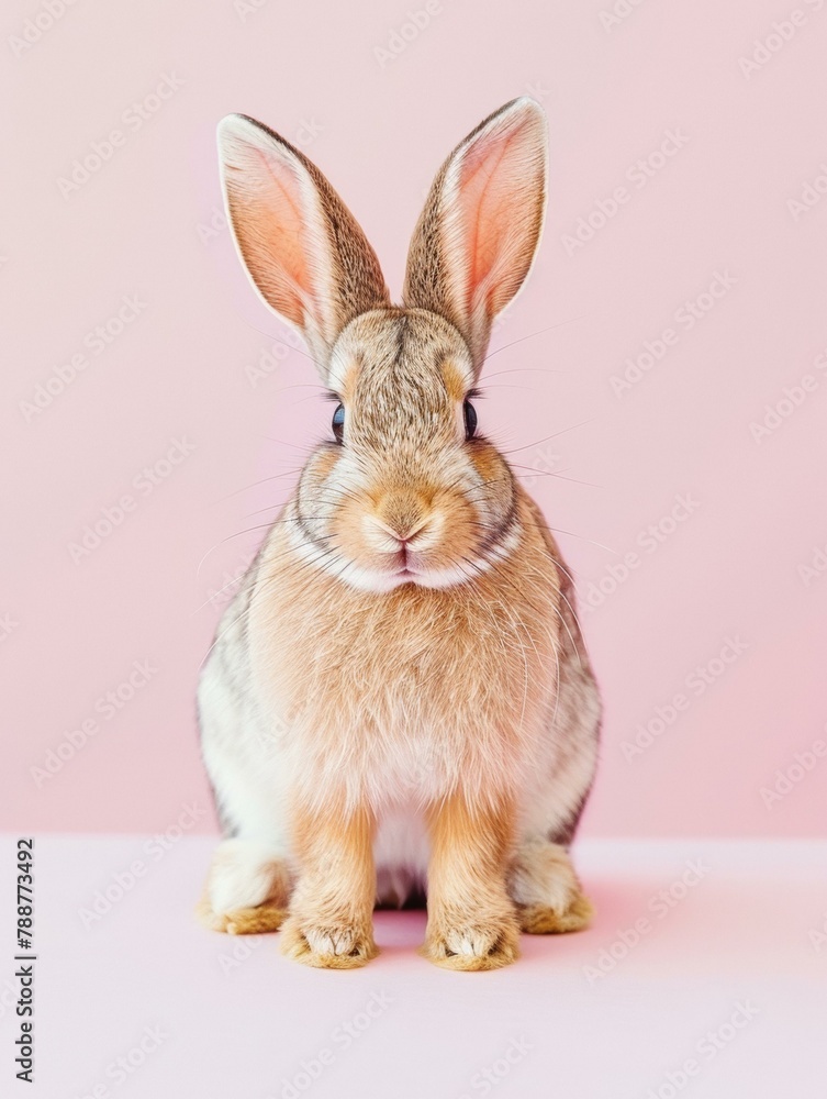 Poster a rabbit sitting on a pink background with its ears up. generative ai.