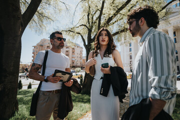 Stylish entrepreneurs engaged in a serious discussion about company growth and profit strategies in an outdoor urban setting.