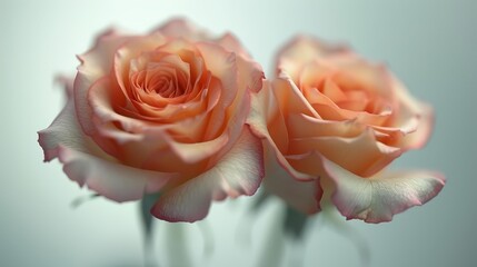   A close-up of two pink roses in a vase against a light blue background The vase is filled with water