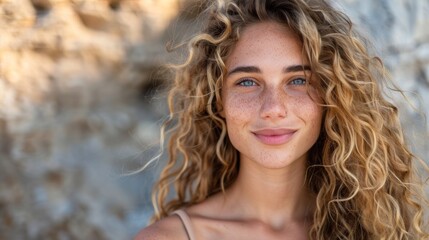 Fototapeta premium A woman with curly hair smiling for the camera, AI