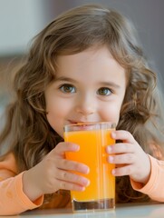 A little girl with orange juice in glass smiling at camera. Generative AI.