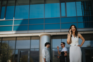 Confident woman in a stylish outfit engaged in a phone conversation in front of an office with colleagues in the background.