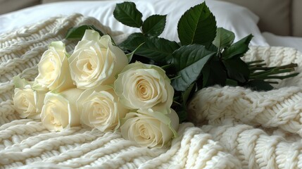   A white rose bundle atop a bedspread beside a green plant with leafy foliage