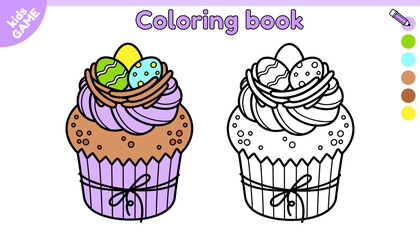 Page of kids Easter coloring book. Cartoon festive cupcake with cream decorated with painted eggs. Color the outline picture. Activity book for children. Vector contour illustration of festive treats.