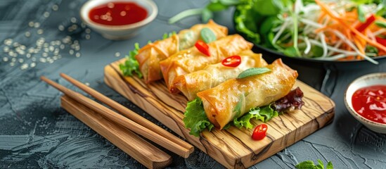 Spring rolls with red and white sauces on a wooden serving board, accompanied by a fresh green salad and wooden chopsticks, set against a gray-blue textured background. Flat lay with Asian cuisine.