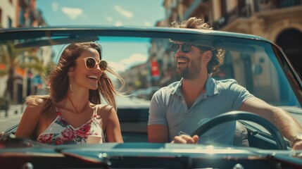 Happy young couple driving a convertible car on a city street - obrazy, fototapety, plakaty