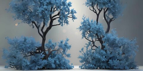 Group of Vibrant Blue Trees in a Field Isolated in Gray Background