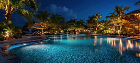 Luxurious tropical resort pool in the night - obrazy, fototapety, plakaty