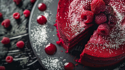 Decadent Red Velvet Cake with Fresh Raspberries.