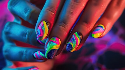 Obraz premium Neon lights nail design, vibrant colors, electric patterns, matte effect
