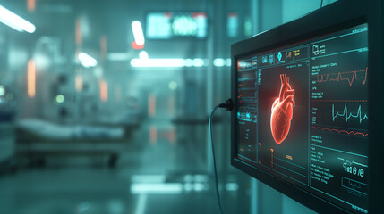 High-tech medical monitors displaying cardiac activity and real-time data in the background, a futuristic hospital setting, a blurred environment of the patient's room
