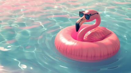 Pink flamingo with sunglasses floats in an inflatable circle illustration - obrazy, fototapety, plakaty
