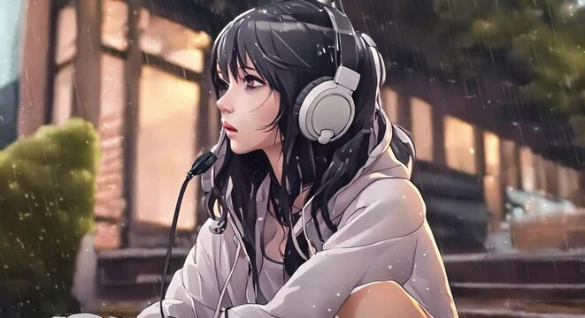 Woman Enjoying Rain Sitting Outside with Headphones Anime Art Style. Loop animation. lofi music background
