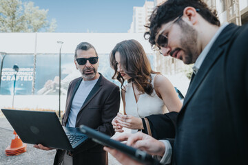 Three colleagues in formal attire are collaborating on a project using a laptop outdoors, on a sunny city street.