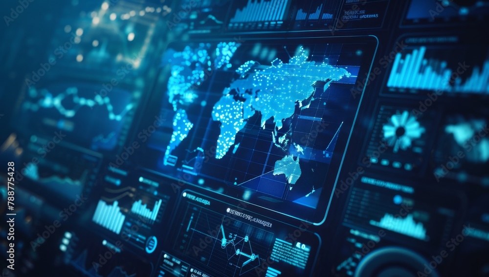 Poster digital data visualization of global business, showcasing various charts and graphs on the screen wi