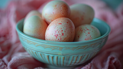 Fototapeta na wymiar A blue bowl holds eggs atop a pink tablecloth, covered by two pink blankets